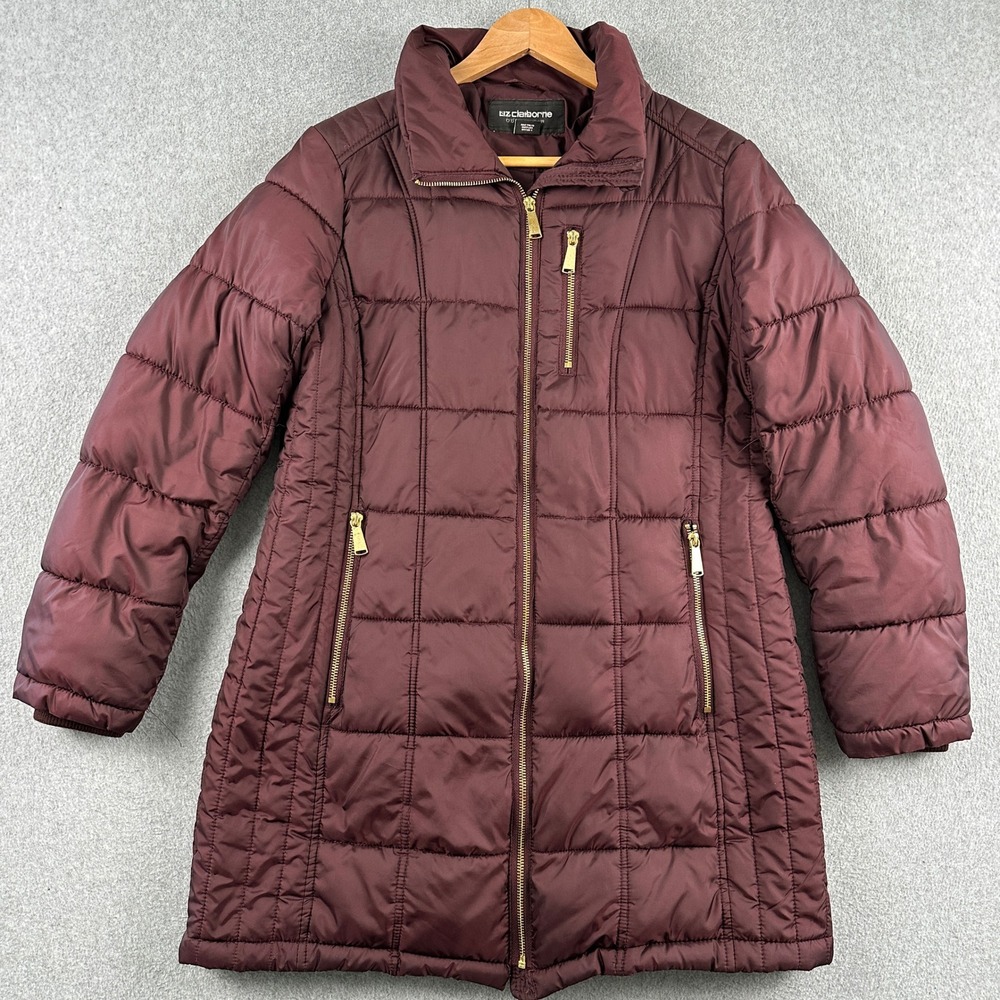 Liz Claiborne Puffer Jacket Womens S Maroon Quilted Long Sleeve Full Outerwear